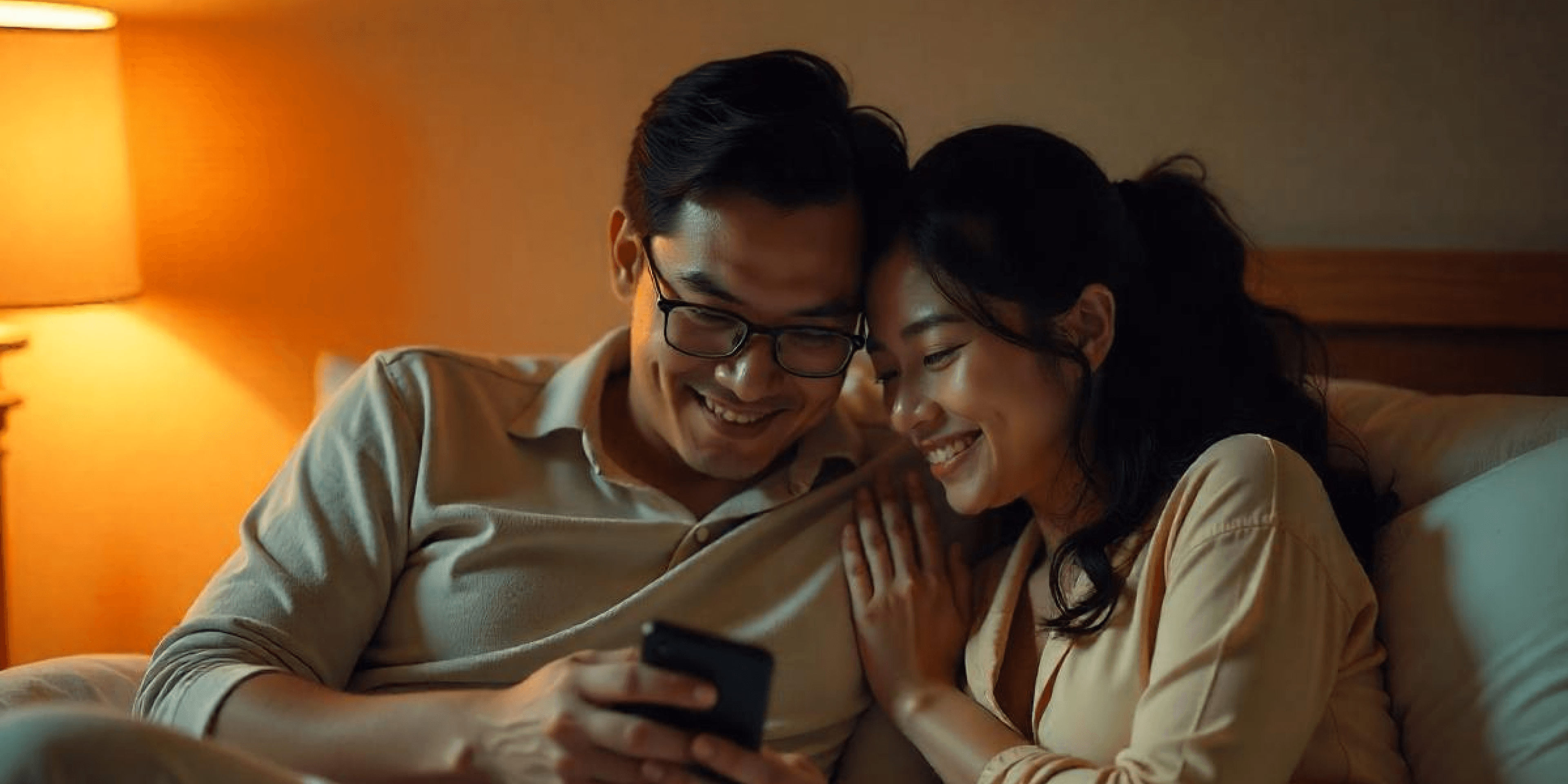 Seorang pria tersenyum sambil melihat ponselnya dengan istrinya berdiri di belakangnya